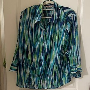 Allison Daley Petite Watercolor Stripe Button‑Down Blouse shoulder pads 16P